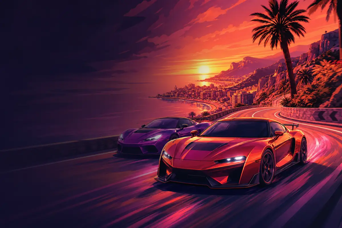 Coches en una carretera costera al atardecer
