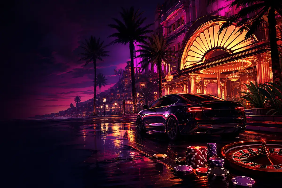 Coche deportivo ante un casino nocturno