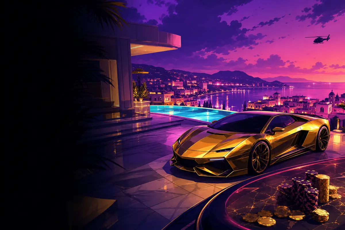 Ático con coche dorado sobre una ciudad nocturna